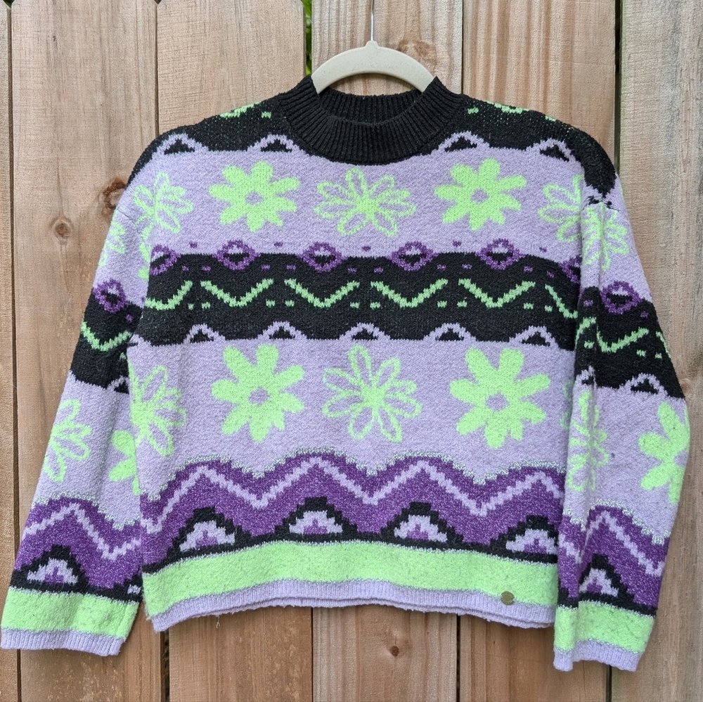 Justice Girls Kids Purple Green Black Retro Floral Fair Isle Patterned Sweater - Picture 2 of 10